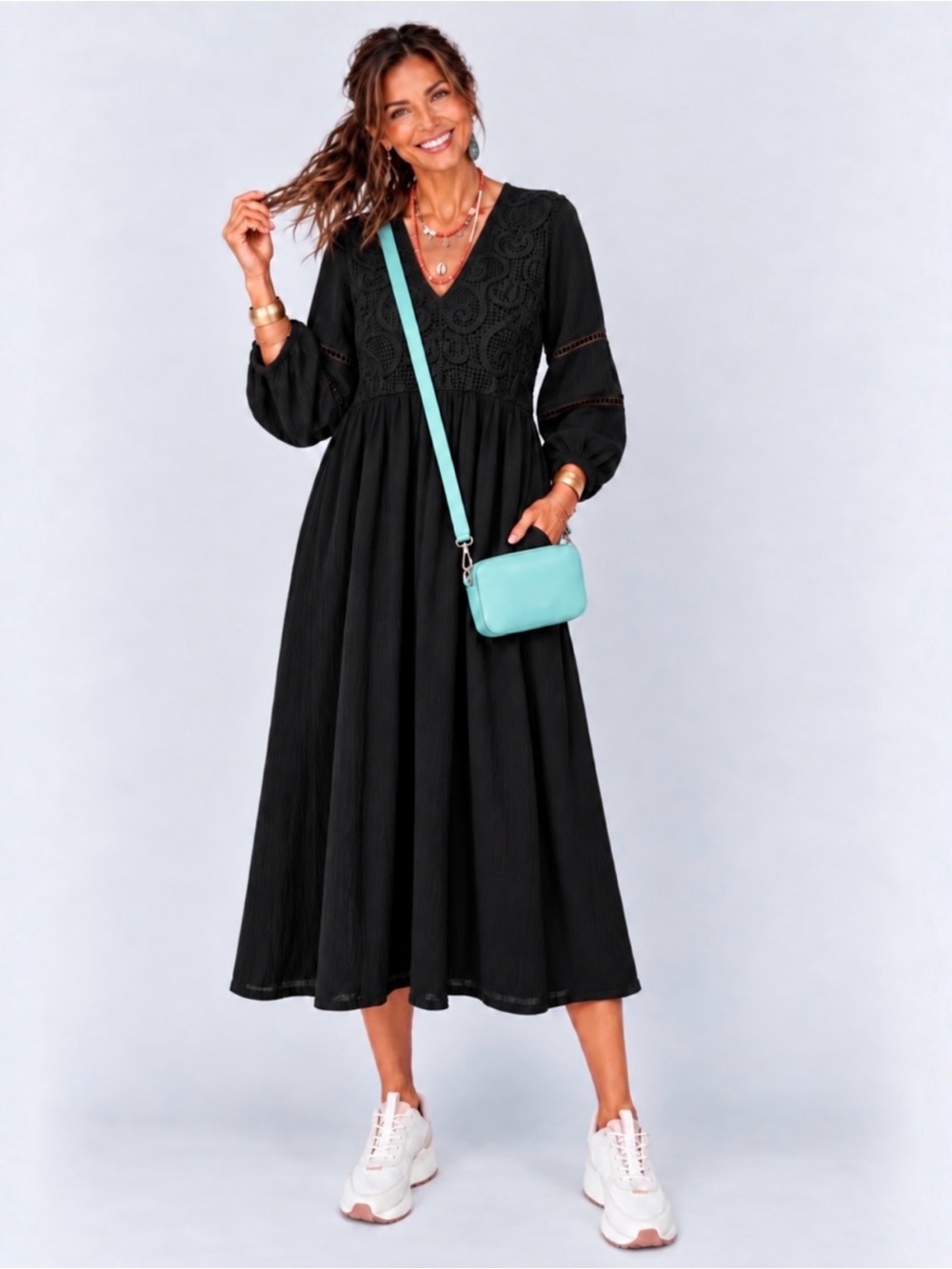 New🌺$275Johnny Was Dolman Long Midi Dress Contrast Yoke Black Beauty Pockets XL